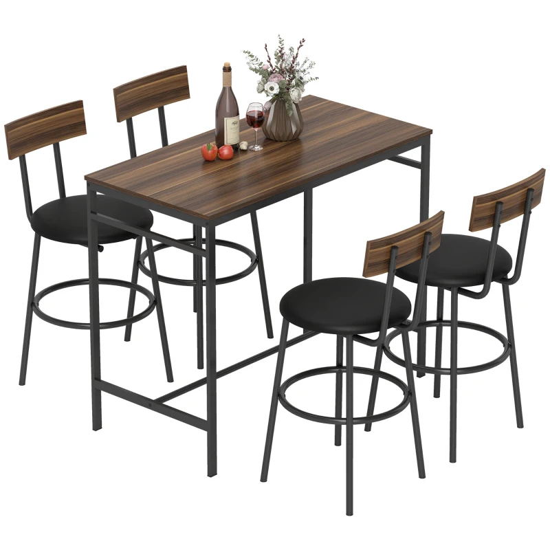 HOMCOM Set da Tavolo da Bar 5 Pezzi con 4 Sgabelli, Design Industriale, per Cucina, Sala da Pranzo, Legno, Acciaio, Marrone