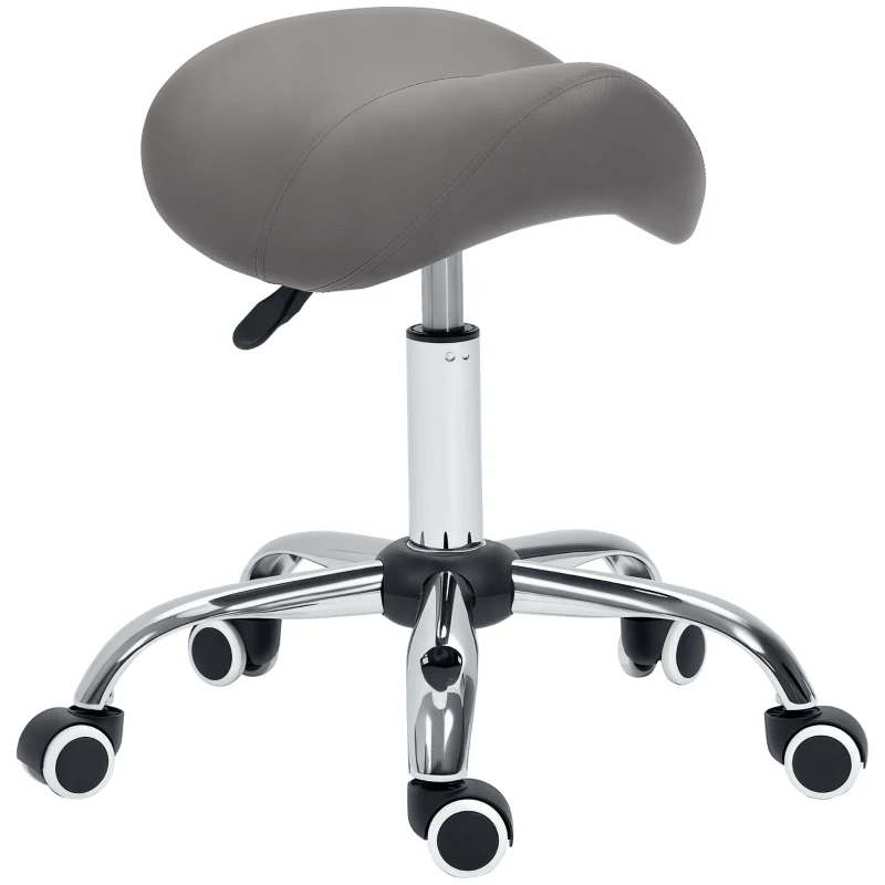 HOMCOM Cosmetic Stool 360° Rotate Height Adjustable Salon Massage Spa Chair Hydraulic Rolling Faux Leather Saddle Stool, Grey