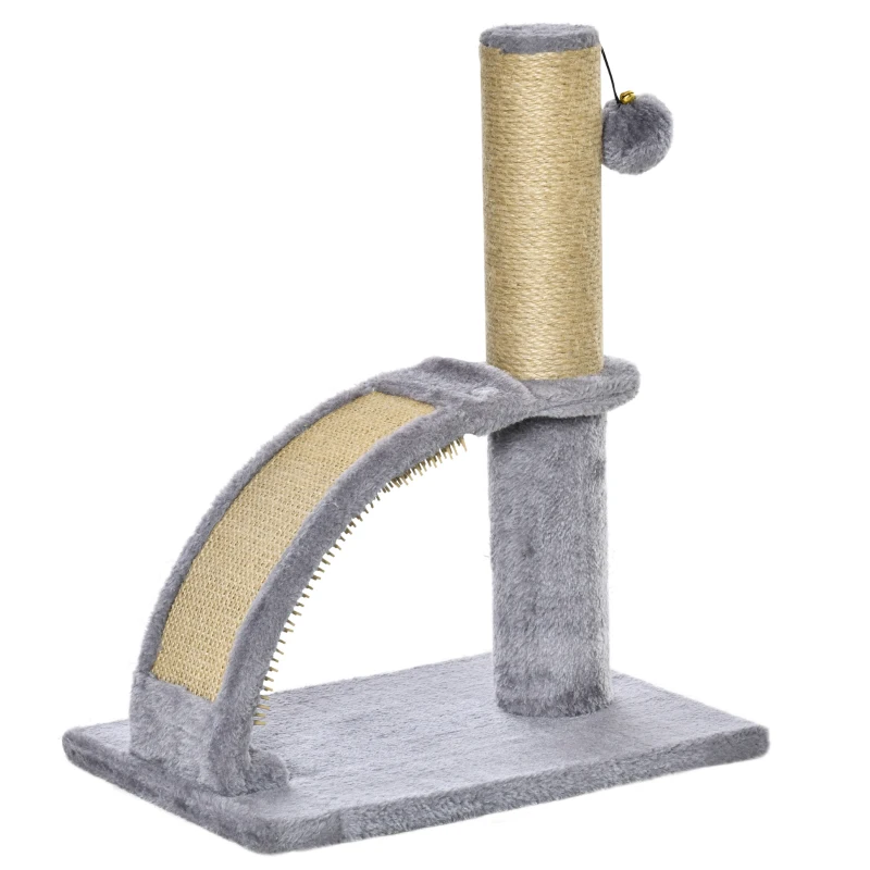 PawHut Mini Rascador para Gatos con Poste de Yute Tabla para Rascar Bola Colgante y Tapizado de Felpa Suave 34x24x43 cm Gris