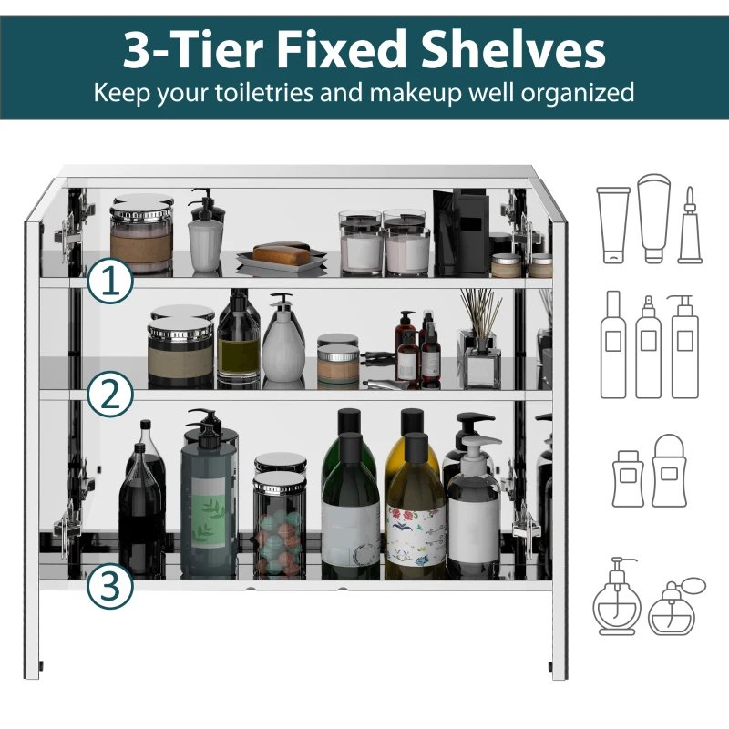 HOMCOM Bathroom Mirror Cabinet - Stainless Steel Wall Mounted Bathroom Storage Cabinet with Double Doors, 60x55cm