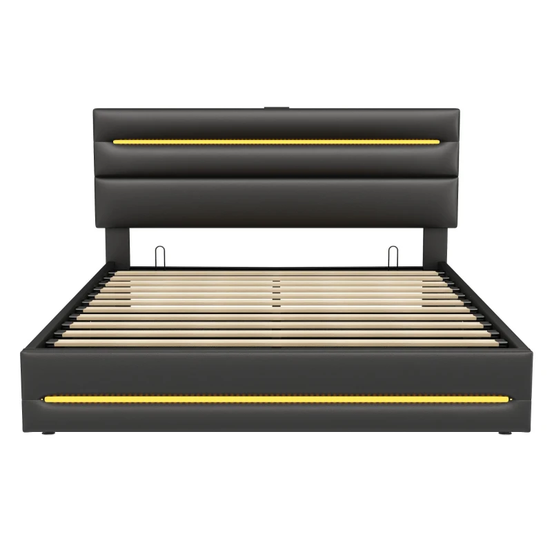 Double Upholstered Bed Frame with Hydraulic Storage, LED Adjustable Headboard with USB Ports, 200L x 145W x 110H cm, Black