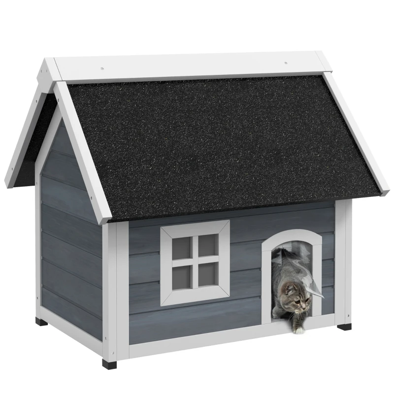 PawHut Casetta per Gatti, resistente alle intemperie, con finestra, 77x57,5x68cm (senza tetto in asfalto), Grigio/Bianco/Nero