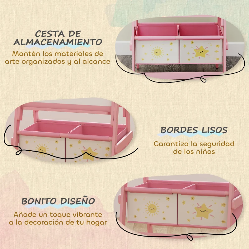 AIYAPLAY Pizarra Infantil Caballete 3 en 1 Caballete de Pintura para Niños de Doble Cara con Rollo de Papel y Cestas Rosa