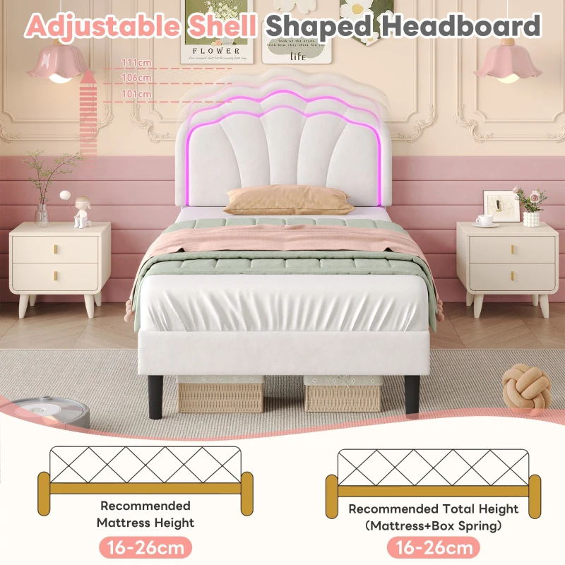 Single Upholstered Bed Frame with Adjustable Shell Headboard and RGB LED, Velvet Fabric and Solid Wood Slat, 194L x 94W x 111H cm, White