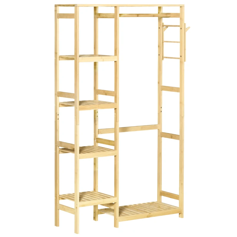 HOMCOM Perchero Burro de Bambú Perchero de Pie con Estantería de 4 Niveles con Barra Estante Inferior y Colgador Lateral para Ropa Bolsas Dormitorio 90x30x155 cm Natural