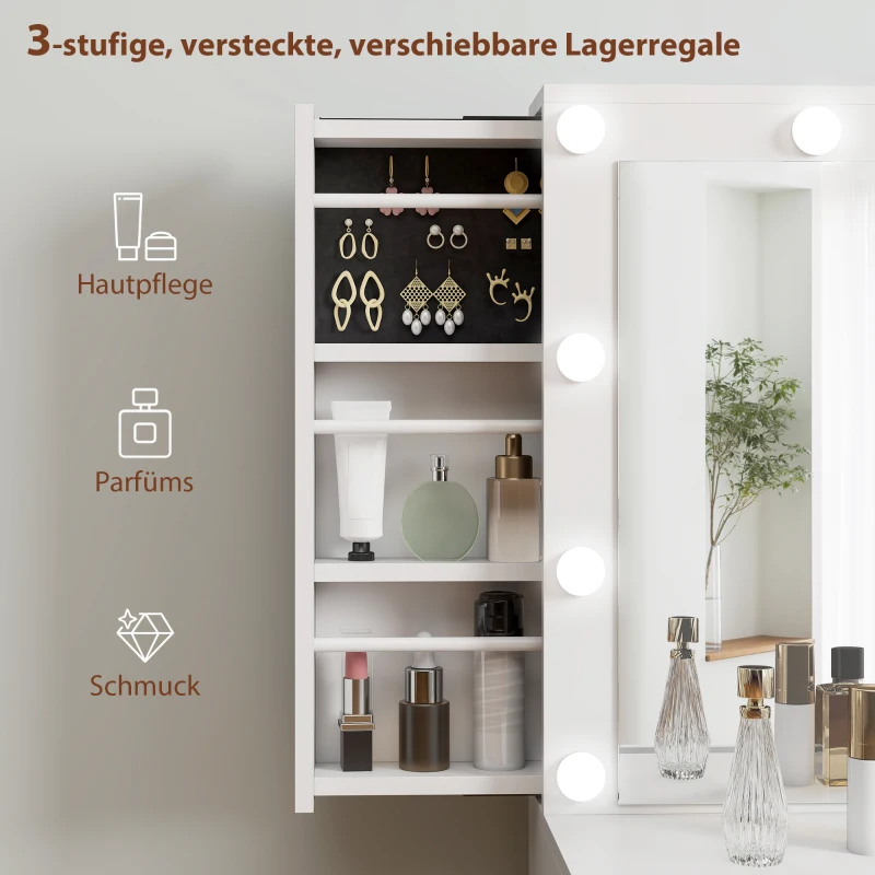 HOMCOM Schminktisch mit Spiegel und 12 LED-Lichtern, Frisiertisch mit 7 Schubladen, 6 versteckte Staufächer, Spanplatte, Weiß(m-7)