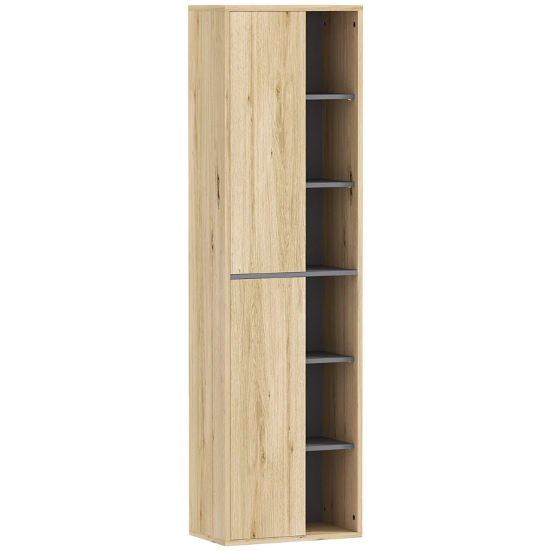 HOMCOM Columna de Baño de Pared Armario de Baño con Compartimentos Abiertos y 2 Puertas 40x24x141,5 cm Natural