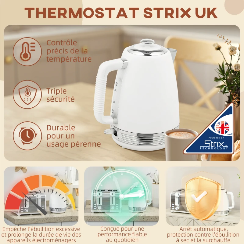 HOMCOM Ensemble bouilloire et grille-pain, bouilloire en acier inoxydable 1,7 L et 2200 W et grille-pain à 4 tranches, blanc
