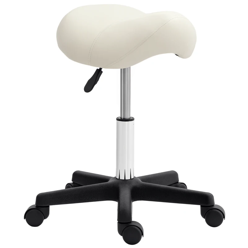 HOMCOM Saddle Stool, PU Leather Adjustable Rolling Salon Chair with Steel Frame for Massage, Spa, Beauty and Tattoo, White