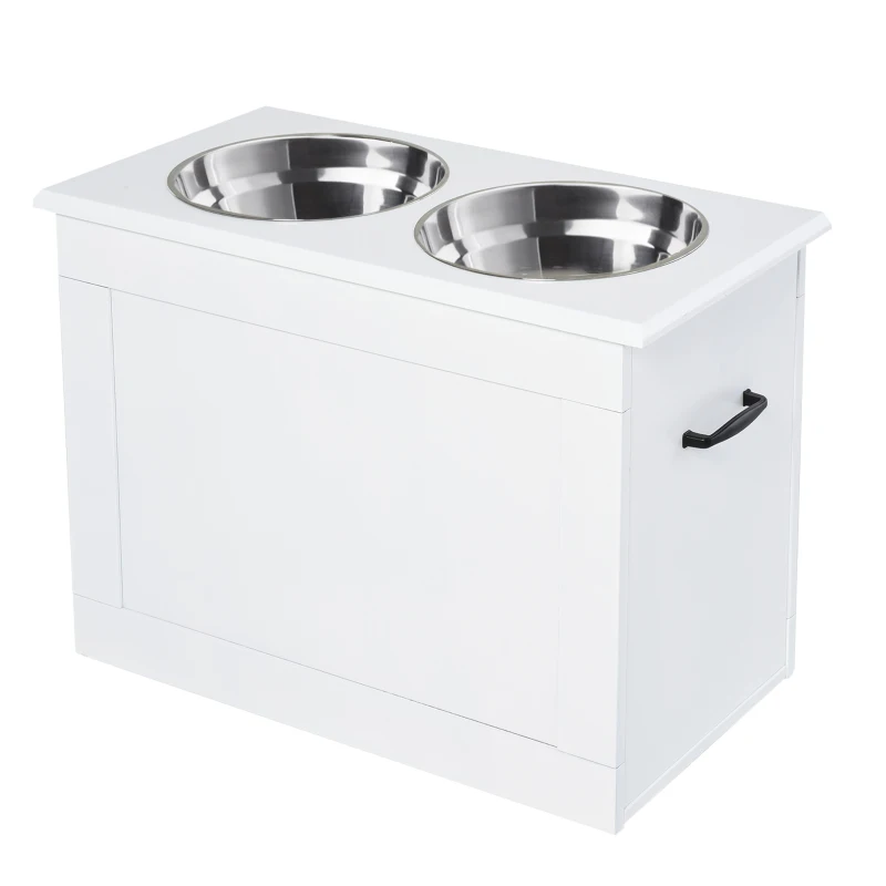 PawHut Cuencos para Perros con 2 Tazones de Acero Inoxidable y Espacio de Almacenaje Oculto 60x30x41 cm Blanco
