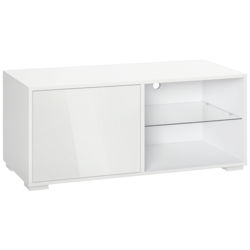 HOMCOM TV Schrank, TV-Kommode mit Schubladen und offenen Regalen, Fernsehschrank, Fernsehtisch, Glas, Weiß, 100 x 40 x 45 cm