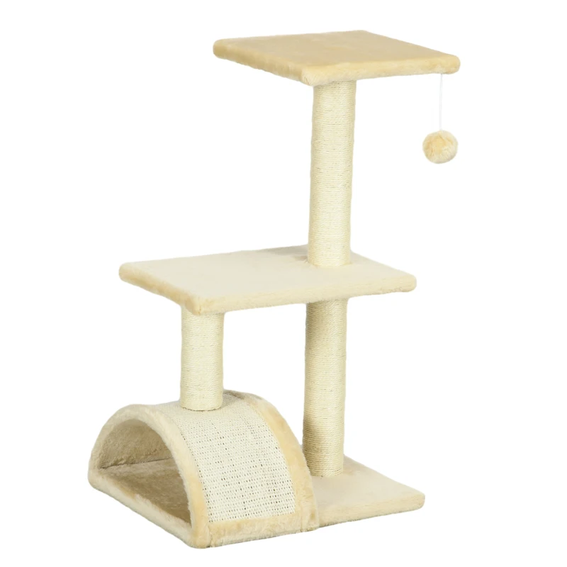 PawHut Árbol para Gatos de 3 Niveles Torre para Gatos con Postes de Sisal Tablero para Rascar y Bola Colgante Crema