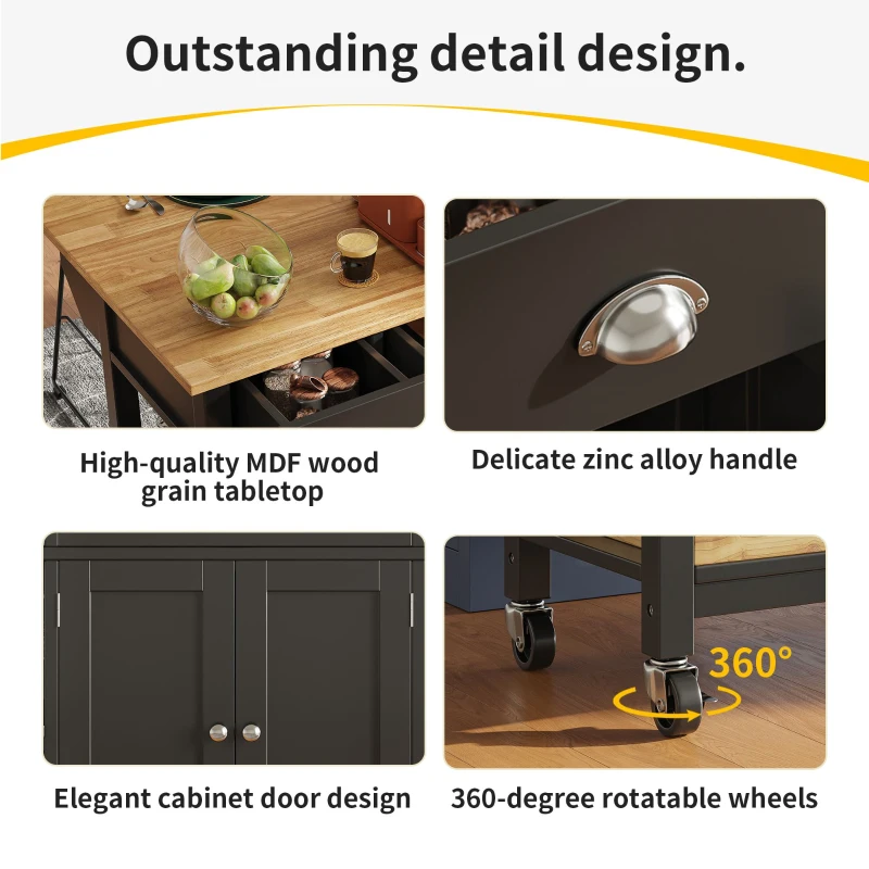 Rolling Kitchen Island Trolley with Adjustable Shelf, Spice Rack and 3 Drawers, Smooth-Rolling Casters for mobility, 120L x 45W x 90H cm, Black