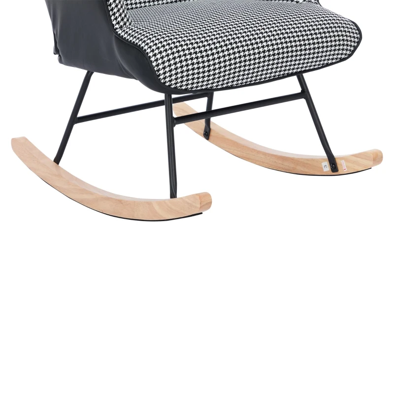 Fabric Rocking Chair with Solid Wood Legs, High Back Recliner with Footstool and Neck Pillow, 85L x 65W x 96H cm, White+Black