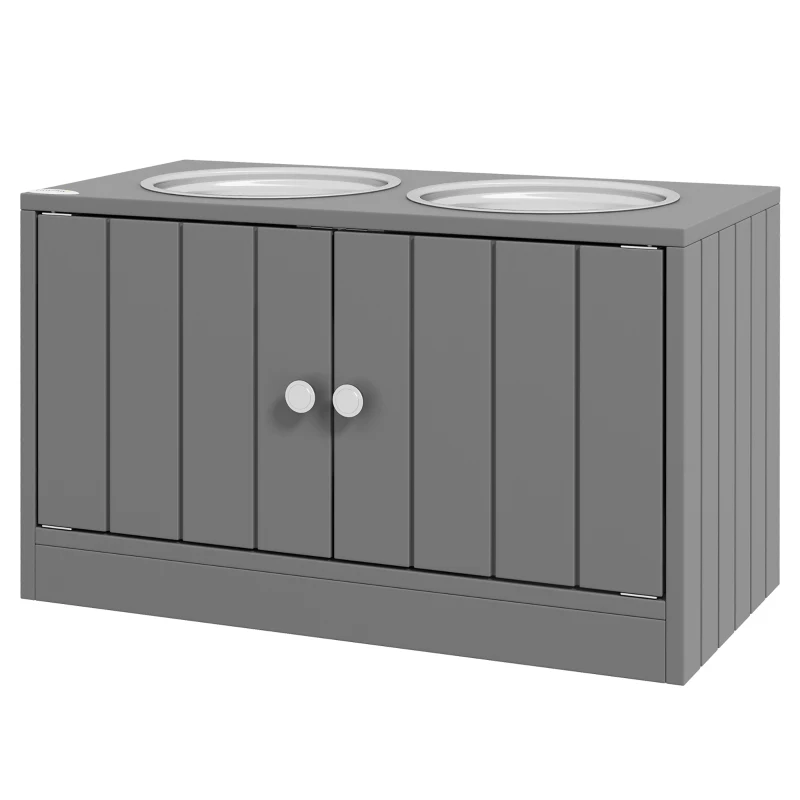 PawHut Station d'alimentation surélevée avec 2 bols en acier inoxydable et 44 L de rangement, portes magnétiques, pour grands chiens, Gris