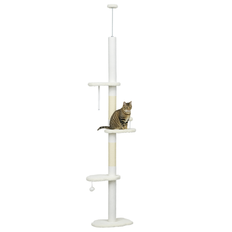 PawHut Albero per Gatti a Soffitto con Altezza Regolabile e Pali Tiragraffi in Cotone, 48x32x225-255 cm, Bianco