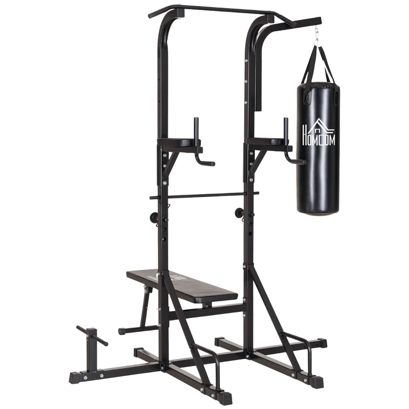 HOMCOM Kraftstation mit Klimmzugstange, Multifunktionale Dip-Station, Trainings-Gerät für Zuhause, mit Boxsack, Fitness, Stahl, Schwarz, 180 x 183 x 219 cm