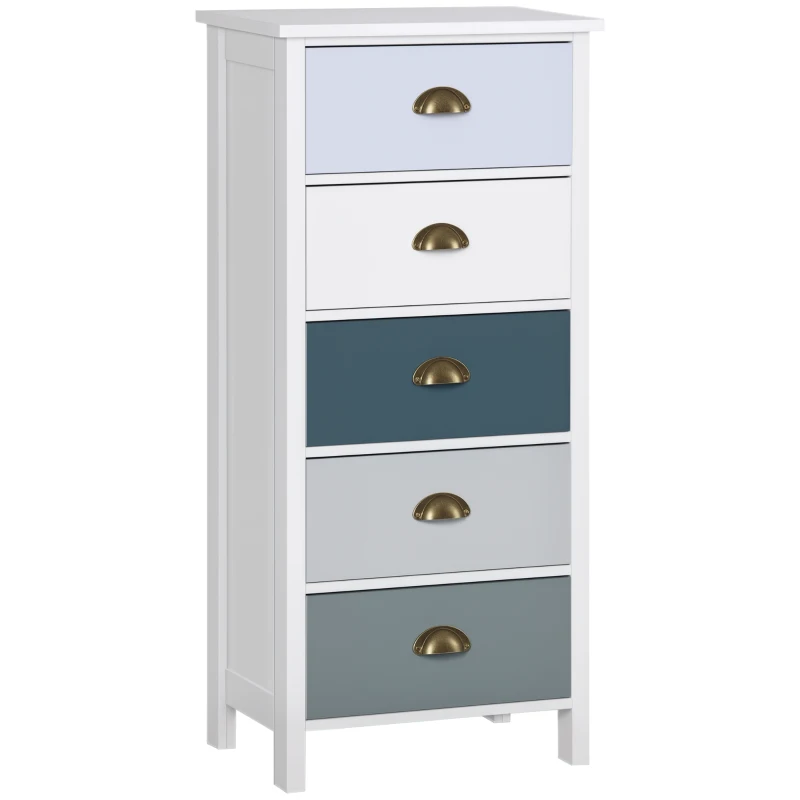 HOMCOM Chiffonnier commode meuble de rangement 5 tiroirs multicolores avec poignée métal coquille MDF - dim. 45L x 30l x 95,4H cm