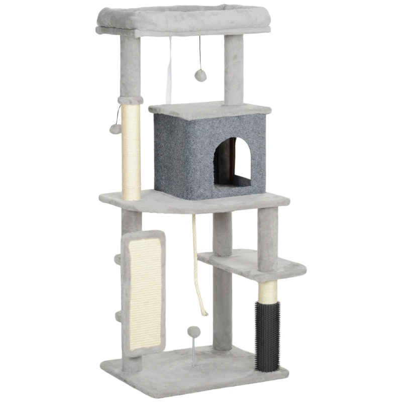 PawHut Árbol Rascador para Gatos 132 cm con Plataformas Poste con Cepillo Bolas Colgantes y Almohadilla para Rascar Gris Claro
