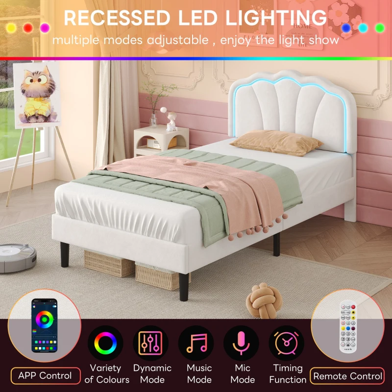 Single Upholstered Bed Frame with Adjustable Shell Headboard and RGB LED, Velvet Fabric and Solid Wood Slat, 194L x 94W x 111H cm, White