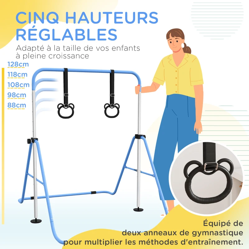 HOMCOM Barre de gymnastique pour enfants, barre horizontale pliable à hauteur réglable avec anneaux de gymnastique, bleu