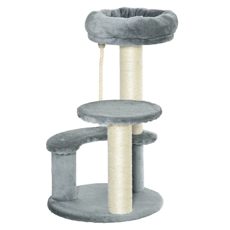 PawHut Árbol Rascador para Gato Ø40x65 cm con 3 niveles y Cuerda Colgante Plataformas y Postes con Cuerda de Sisal Natural Gris