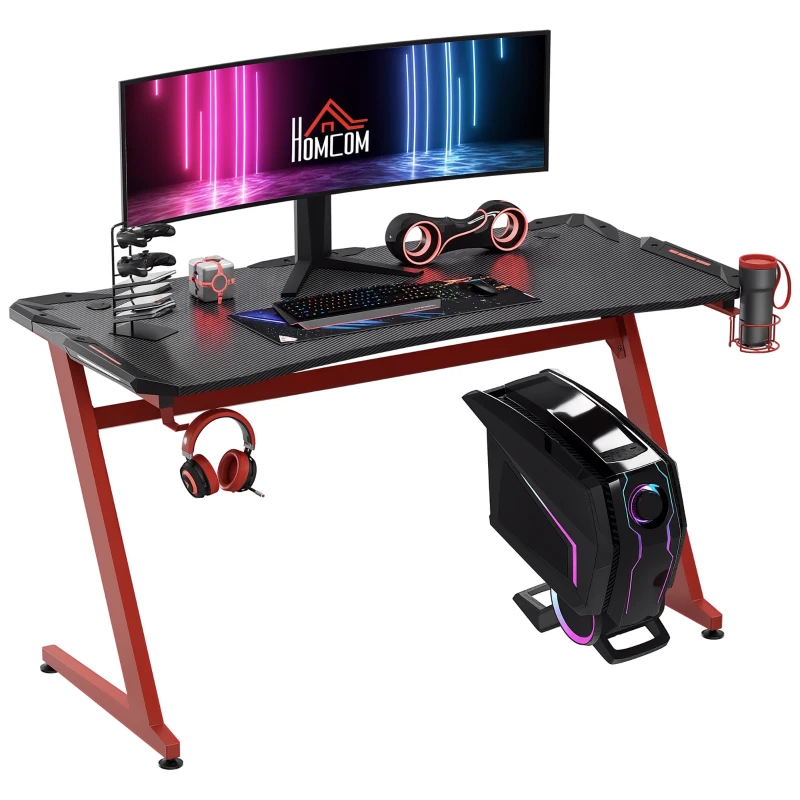 HOMCOM 142 x 66 cm Racing Gaming Desk, Computer Table with Cup Holder and Headphone Hook, Black and Red