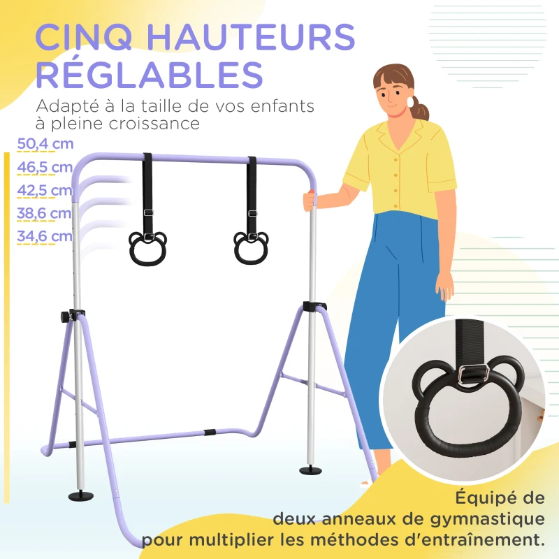 HOMCOM Barre de gymnastique pour enfants, barre horizontale pliable à hauteur réglable avec anneaux de gymnastique, violet