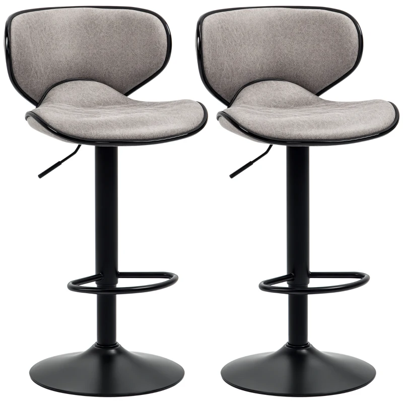 HOMCOM Bar Stool Set of 2 Microfiber Cloth Adjustable Height Armless Chairs with Swivel Seat, Grey