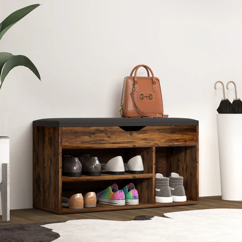 HOMCOM Mueble Zapatos Banco de Zapatos 2 Niveles de Almacenamiento, Nicho + Cofre integrado con Cojín Efecto madera de caoba