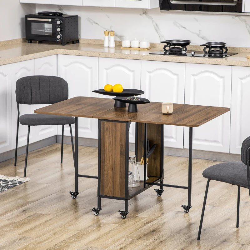 HOMCOM Mesa de Cocina Plegable con Ruedas Alas Abatibles y Estante Mesa Plegable para Salón 130x80x74 cm Marrón