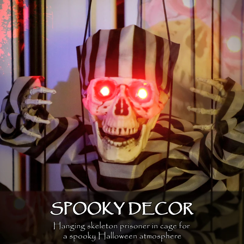 Outsunny Halloween Animated Hinging Skeleton Prisoner in Cage with Glowing LED Eyes, Spooky Skeleton Scary Halloween Decorations, Battery Operated, Indoor Party Props
