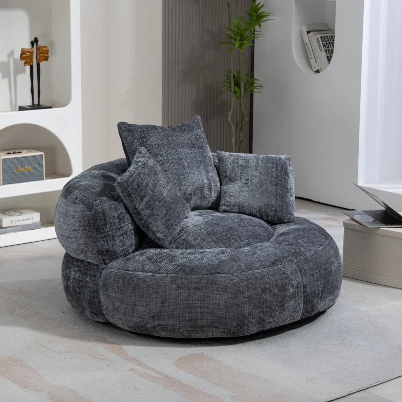 Chenille Bean Bag Chair with Memory Foam Filling, High Back Lounger with Three Pillows for Adults and Kids, 108L x 108W x 52H cm, Gray