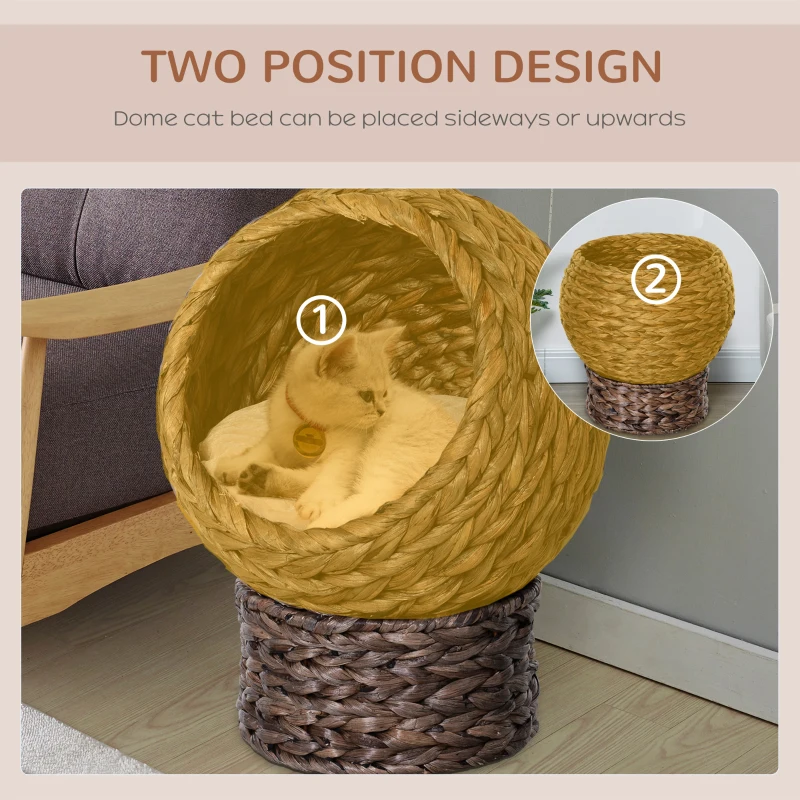 PawHut Elevated Kitten Hooded Rattan Cat House Basket Cushion, 42x33x52cm Brown