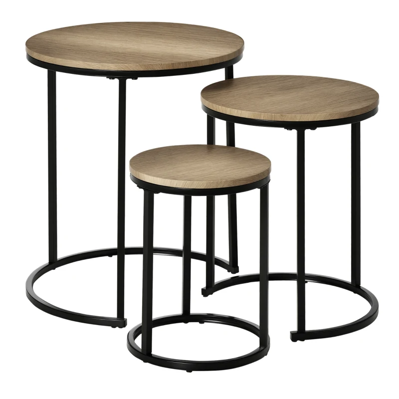 HOMCOM Beistelltische 3er Set Satztisch stapelbar Couchtisch Sofatisch Kaffeetisch 3 Größen Industrial Design Metall Schwarz+Braun