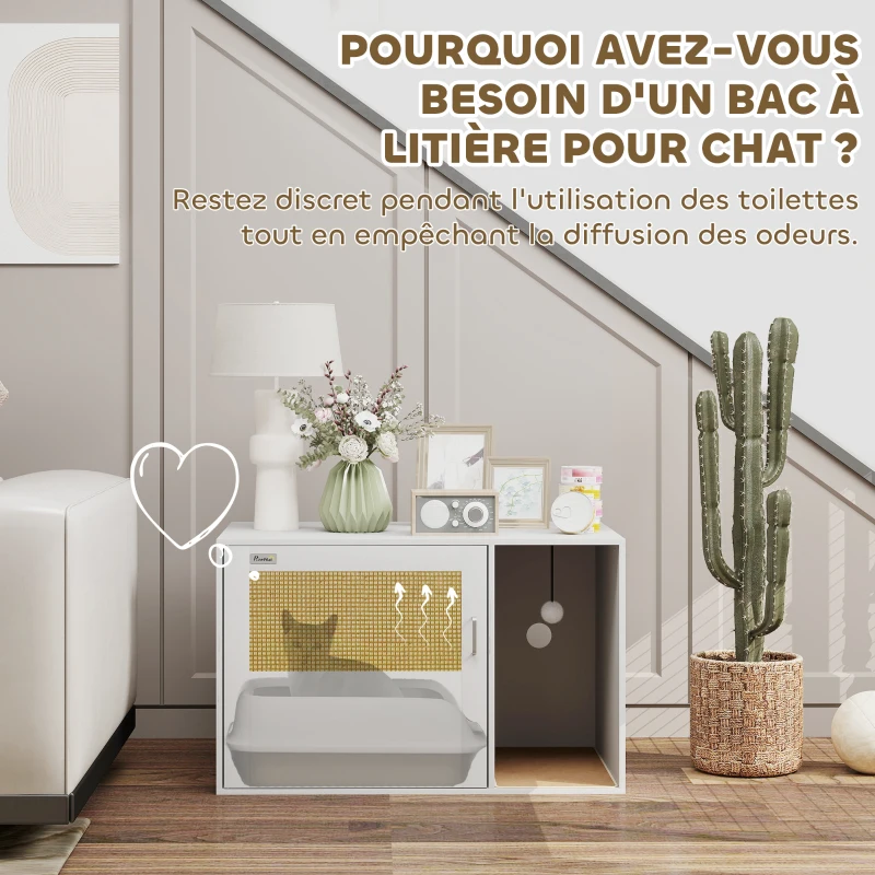 PawHut Maison de toilette chat meuble litière pour chat tapis griffoir porte avec poignées style bohème 80 x 50 x 50 cm blanc