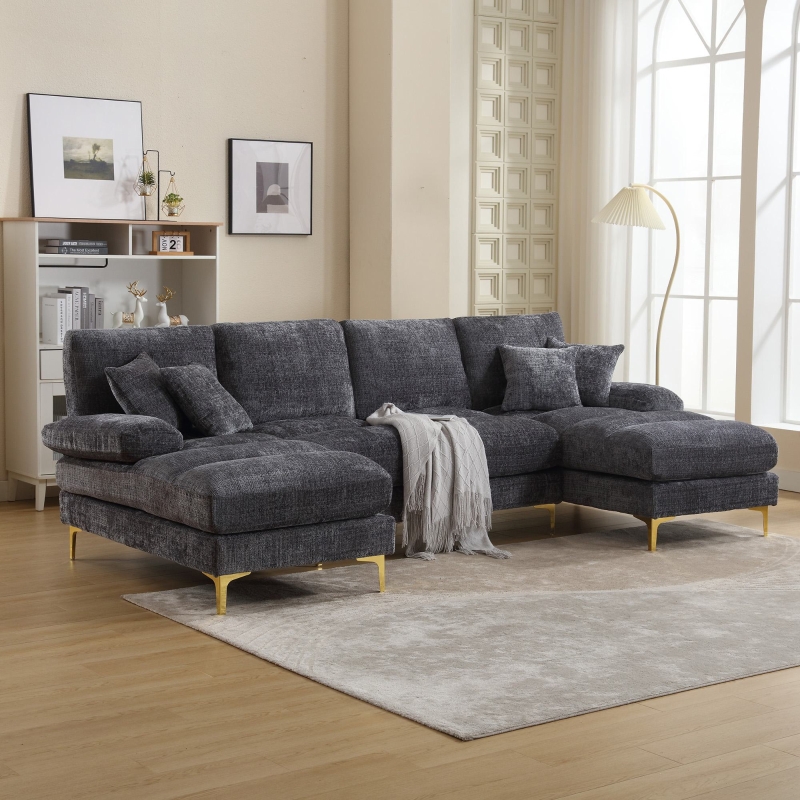 U-Shaped Modular Sofa with Pillows, Double Chaise, Rubber Pads, Chenille Fabric Sectional Couch for Living Room, 272L x 136W x 88H cm, Grey
