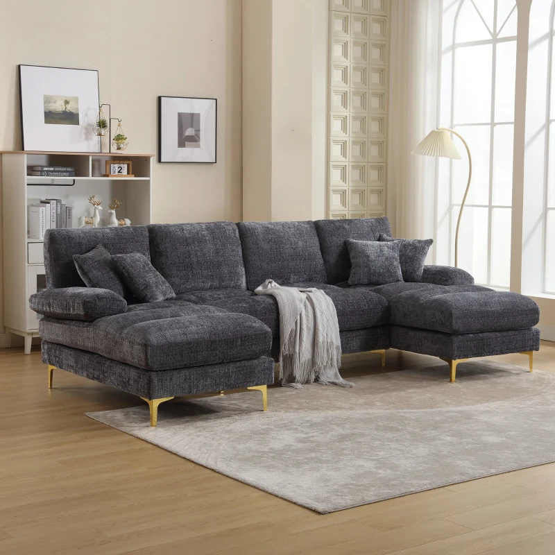 U-Shaped Modular Sofa with Pillows, Double Chaise, Rubber Pads, Chenille Fabric Sectional Couch for Living Room, 272L x 136W x 88H cm, Gray