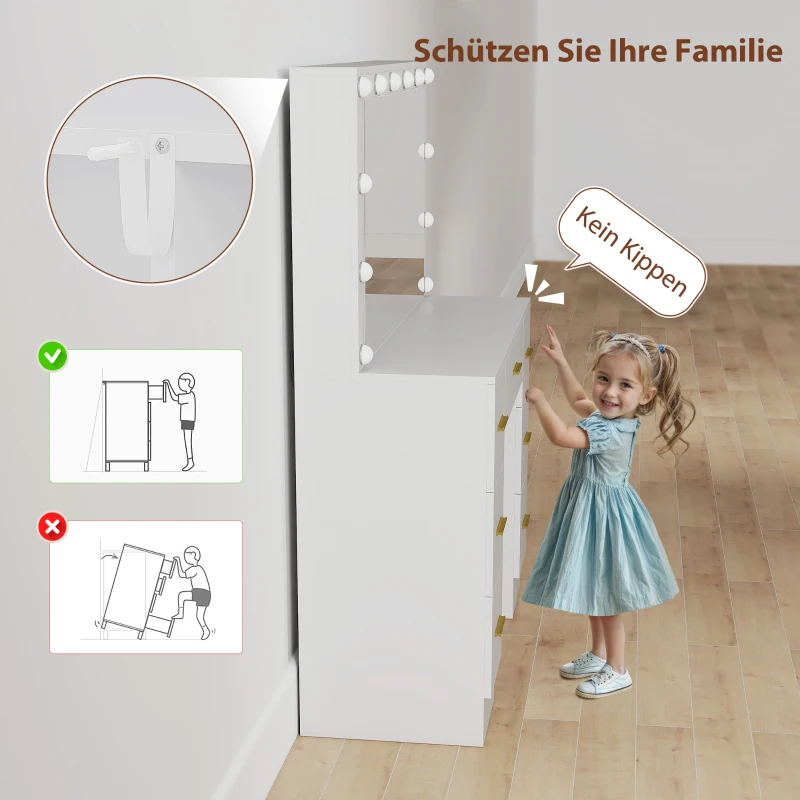 HOMCOM Schminktisch mit Spiegel und 12 LED-Lichtern, Frisiertisch mit 7 Schubladen, 6 versteckte Staufächer, Spanplatte, Weiß(m-9)