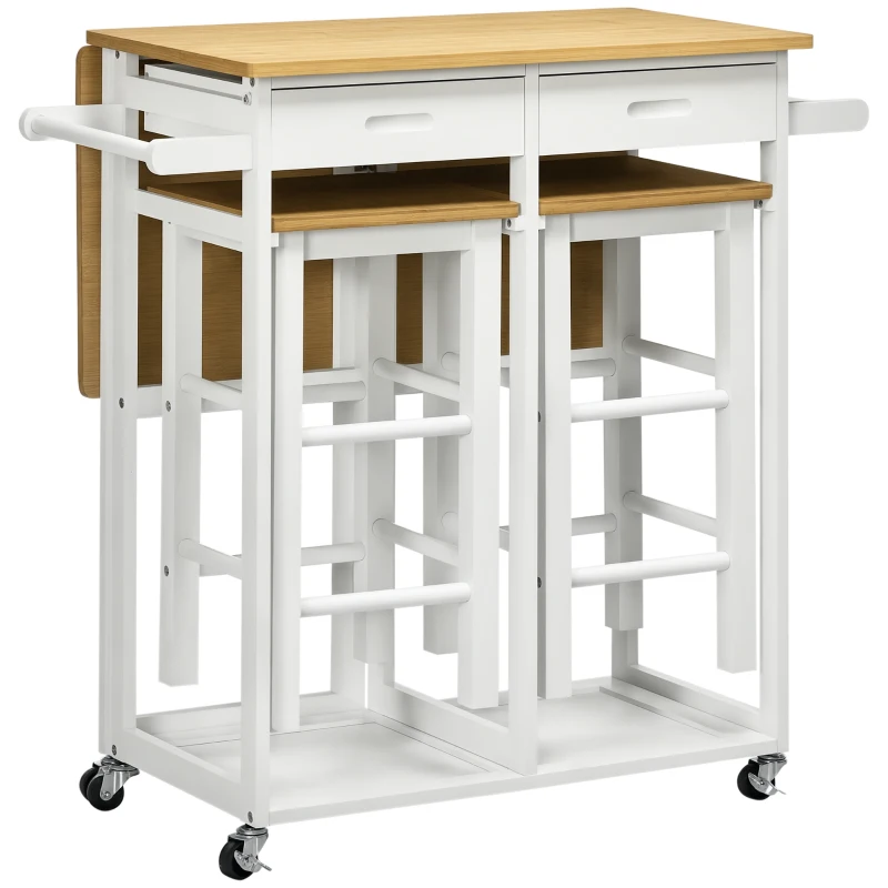 HOMCOM Ensemble table de bar pliable roulettes + 2 tabourets blanc et bois clair - 2 tiroirs et porte-torchons