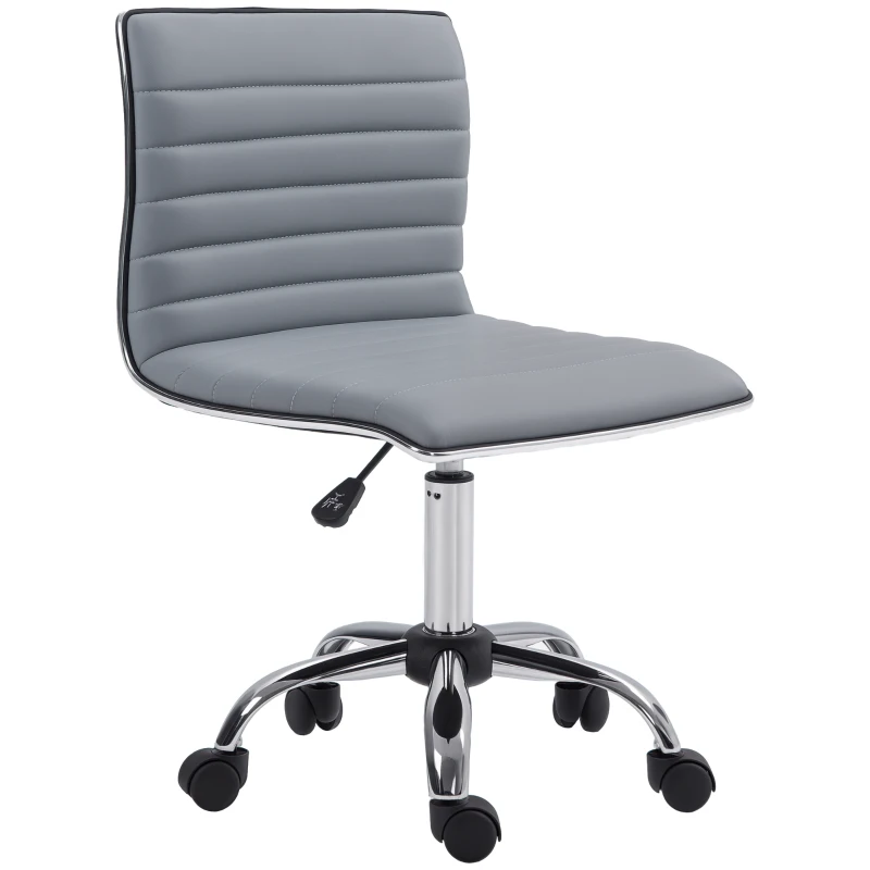 HOMCOM Armless Task Desk Chair, Swivel Office Chair with Faux Leather, Adjustable Seat Height, Chrome Base, Wheels for Home, Light Grey