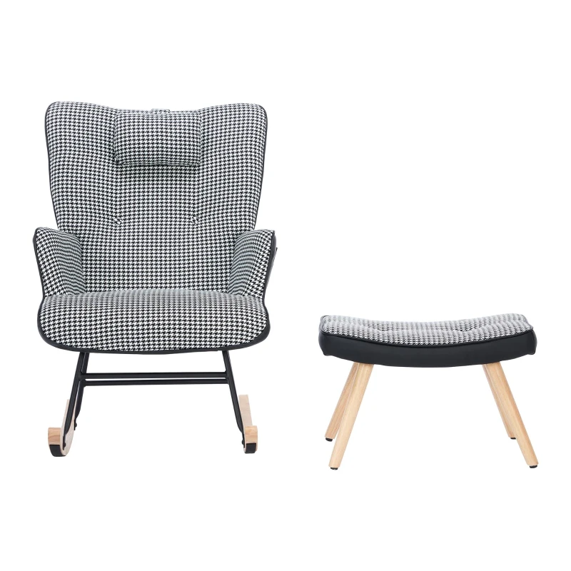 Fabric Rocking Chair with Solid Wood Legs, High Back Recliner with Footstool and Neck Pillow, 85L x 65W x 96H cm, White+Black