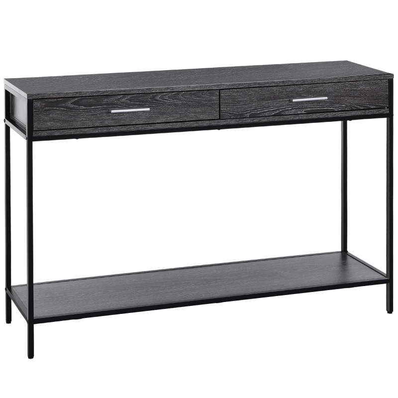 HOMCOM Table console table d'entrée design industriel dim. 120L x 30l x 81H cm 2 tiroirs étagère acier noir panneaux particules bois gris