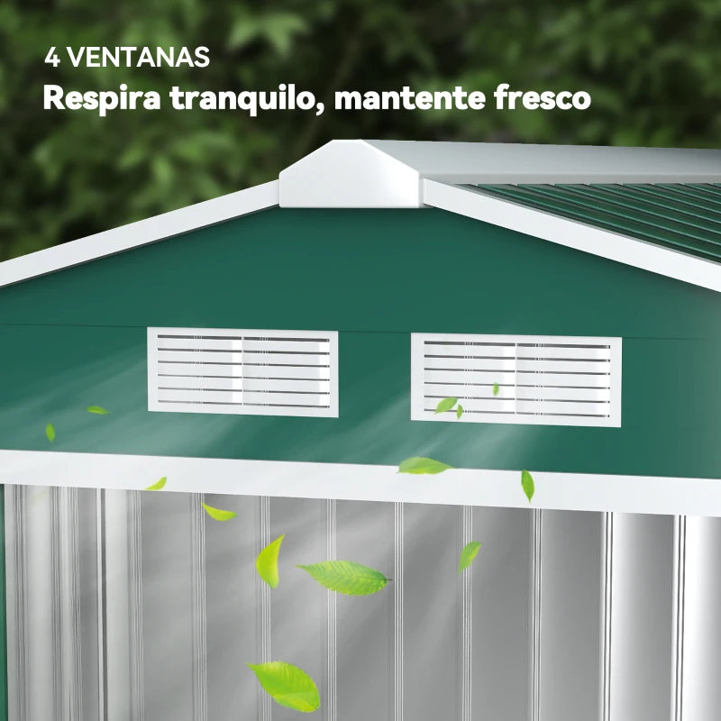 Outsunny Caseta de Jardín 213x130x185 cm Cobertizo Metálico de Exterior para Almacenamiento de Herramientas Verde Oscuro