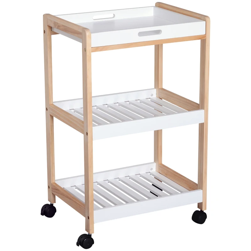 HOMCOM Chariot de service desserte de cuisine à roulettes 2 étagères + plateau amovible bois de pin MDF blanc