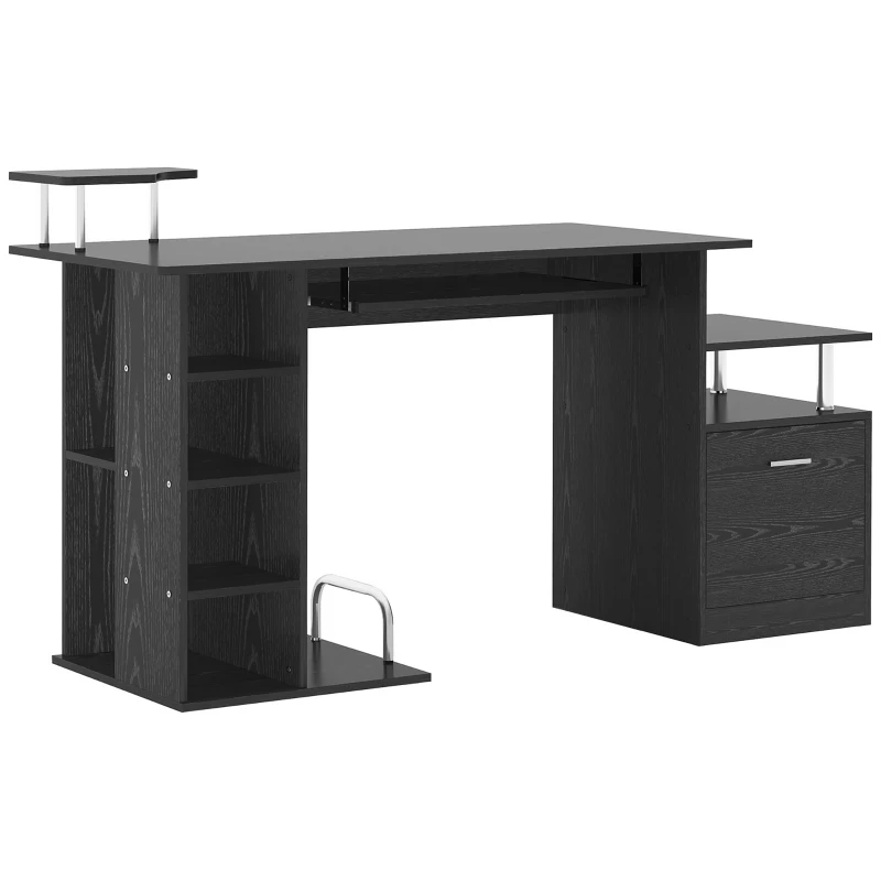 HOMCOM Mesa de Escritorio con 6 Estantes Cajón Bandeja de Teclado y Soportes para Monitor Impresora 152x60x88 cm Negro