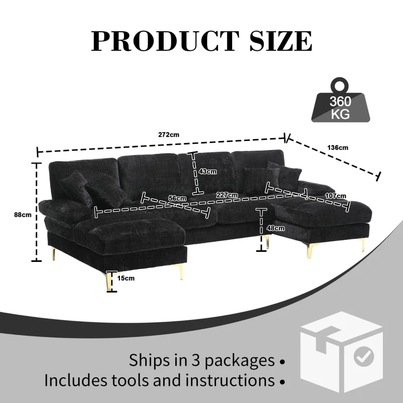 U-Shaped Modular Sofa with Pillows, Double Chaise, Rubber Pads, Chenille Fabric Sectional Couch for Living Room, 272L x 136W x 88H cm, Black