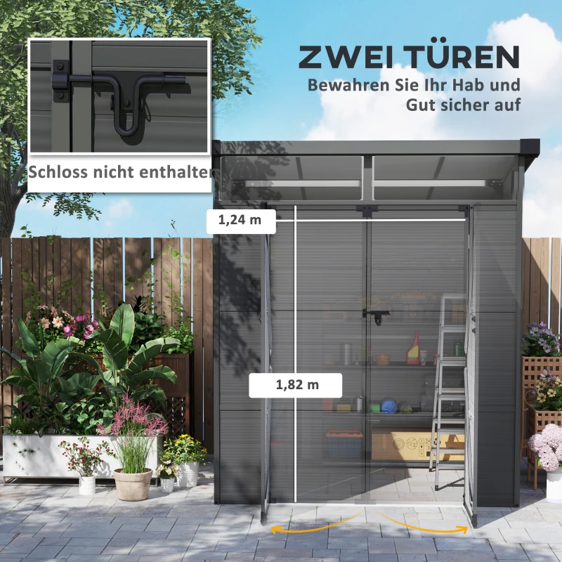 Outsunny 1,9 x 1,9 m Tuinhuis, Gereedschapsschuur van Kunststof, Afsluitbare Deuren, 2 Ventilatieopeningen, Donkergrijs(m-7)