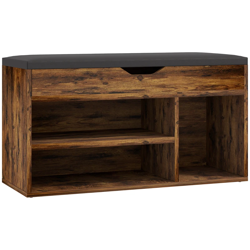 HOMCOM Meuble Chaussures Banc à Chaussures 2 Niveaux Rangement, Niche + Coffre intégré avec Coussin Effet bois d'acajou