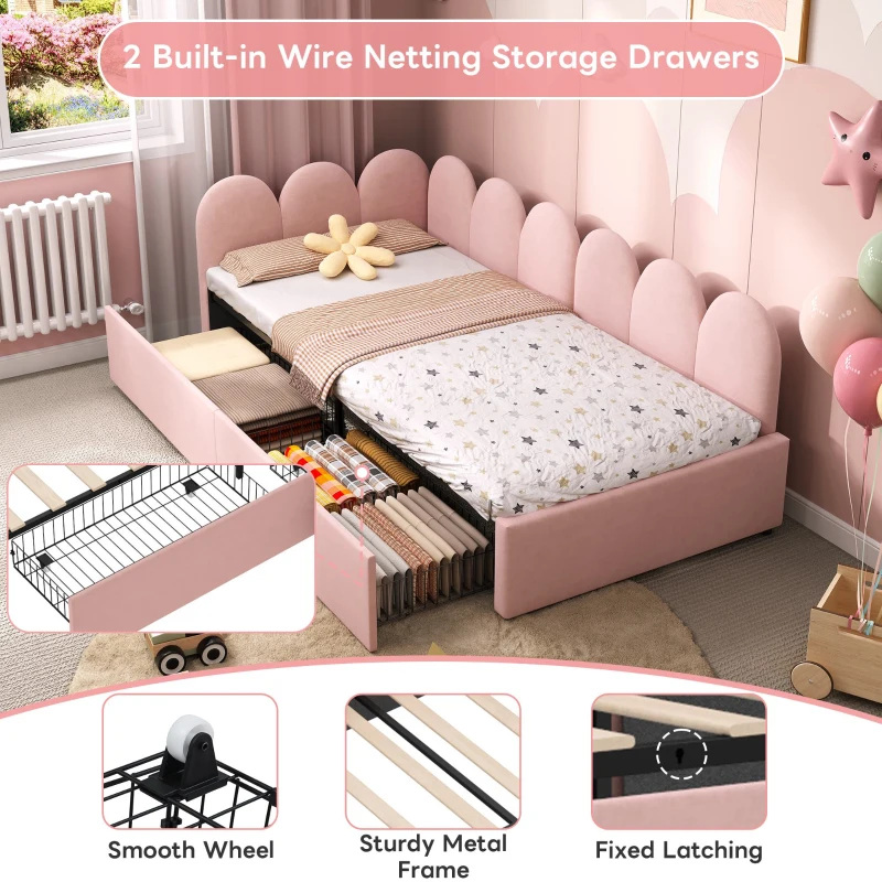 Single Velvet Daybed with Two Storage Drawers, Modern Youth Bed Frame with Wooden Slats, Easy Assembly, 202L x 97W x 73H cm, Pink